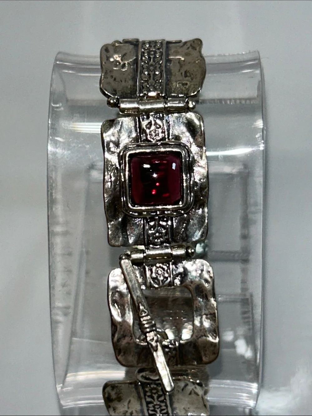 NWT Passage To Israel Hammered Panel Link Genuine Garnet Gemstone Bracelet